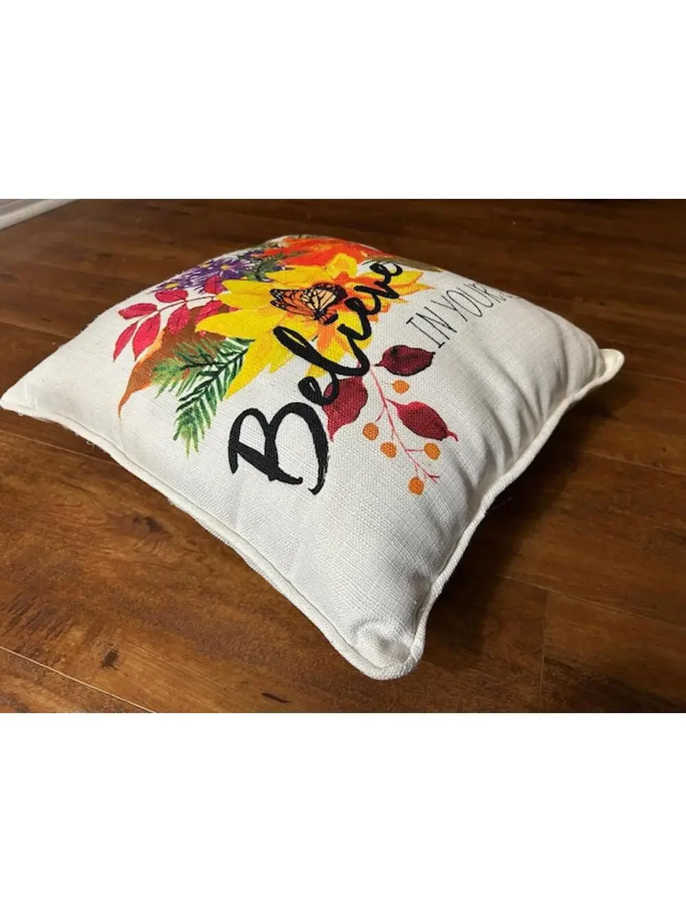 Decorative Throw Pillow with Floral and Butterfly Design